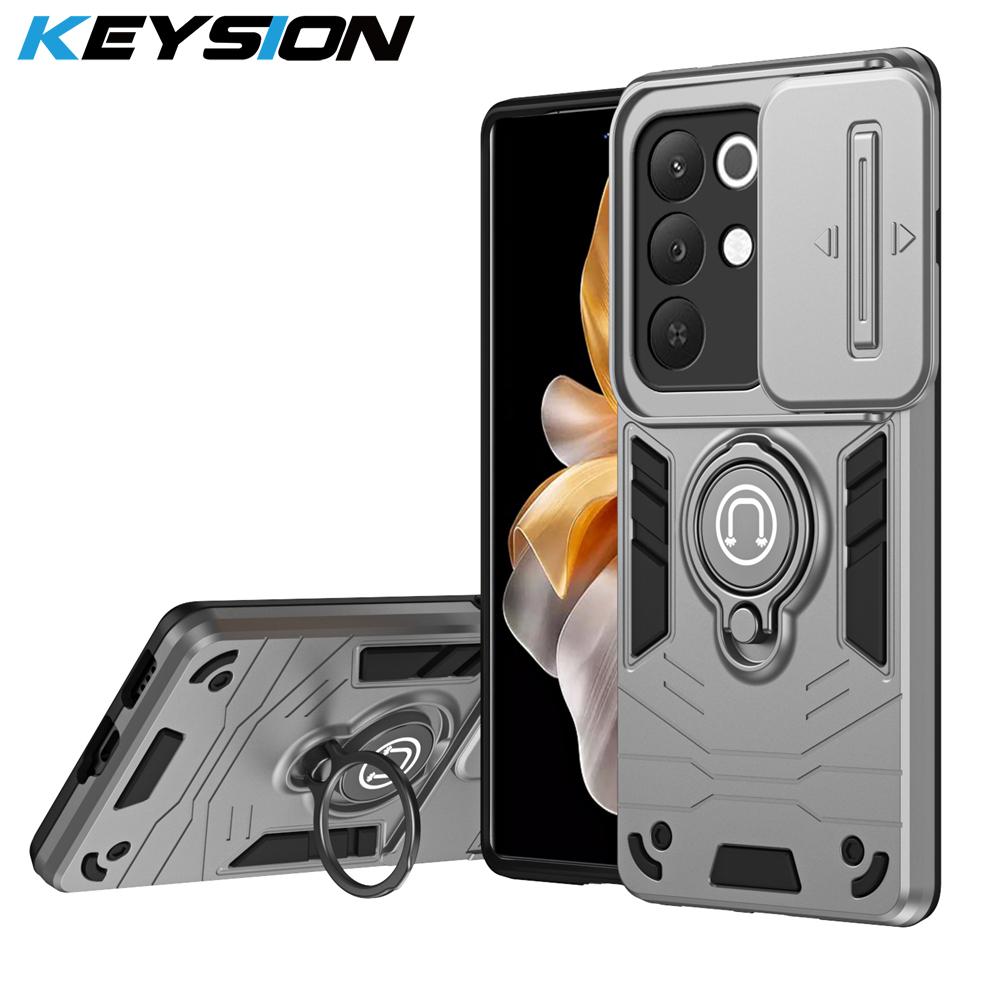 

KEYSION Shockproof Armor Ring Stand Case for Realme C85 4G 5G Slide Camera Lens Protection Phone Back Cover for Realme C85 5G for Realme C85 5G сірий