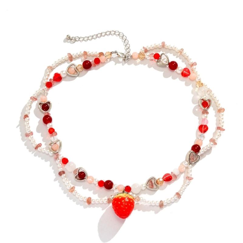 Strawberry Necklace Imitation Pearl Choker Bohemia Layer Crystal Clavicle Chain Delicate Sweet Necklace for Women Girl