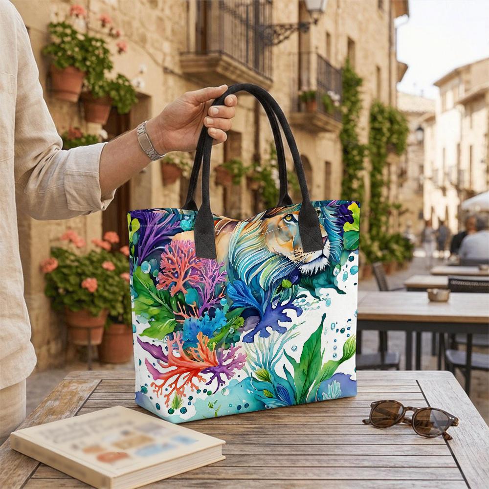 Watercolor Lion Pattern Tote Bag Fashion Large Capacity Casual Shoulder Handbag