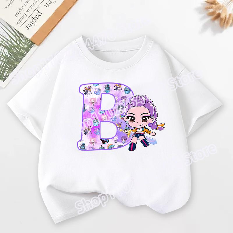 KPop Demon Hunters Child Short Sleeve T-shirt Cartoon Rumi Mira Zoey A-Z Print Cotton Tops Kawaii Summer Casual Tees Kids Gifts
