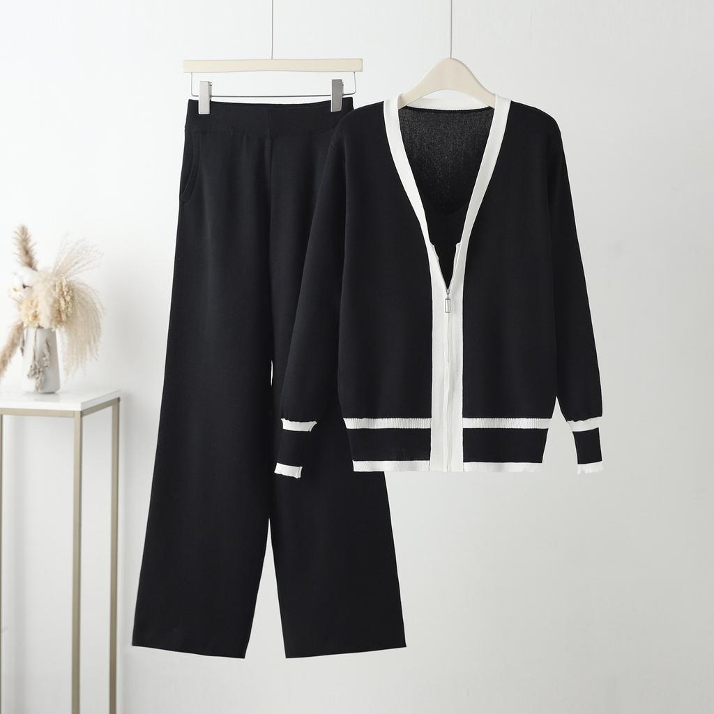 Mode 3-teiliges Set Damen Sexy Weste + Langarm Reißverschluss Strickjacke + Hose mit elastischem Bund Damen Trainingsanzug Strickanzug