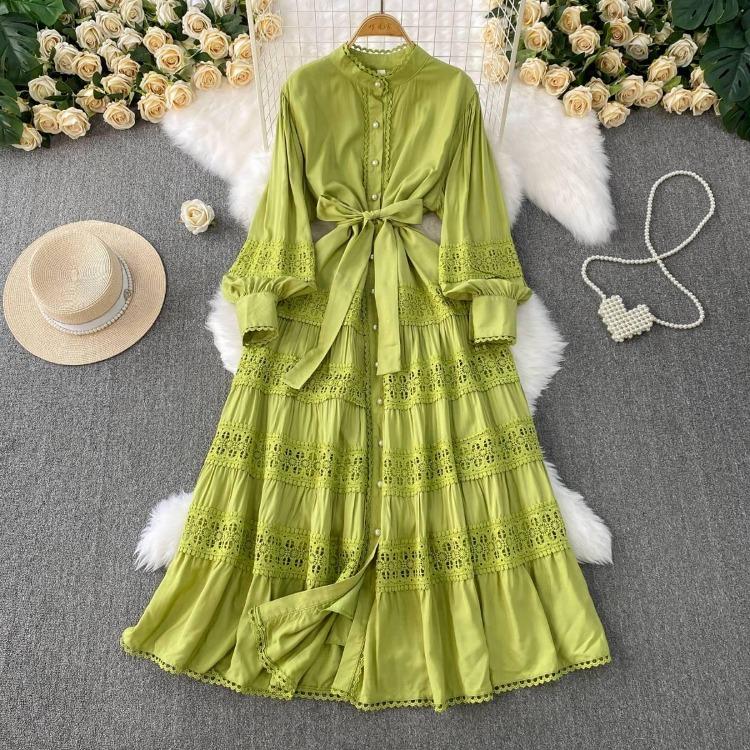 Luxury Party Dress for Women Long Lace Hollow Out Bandage Runway Patchwork Solid Lantern Sleeve Single Breasted Stand Dress