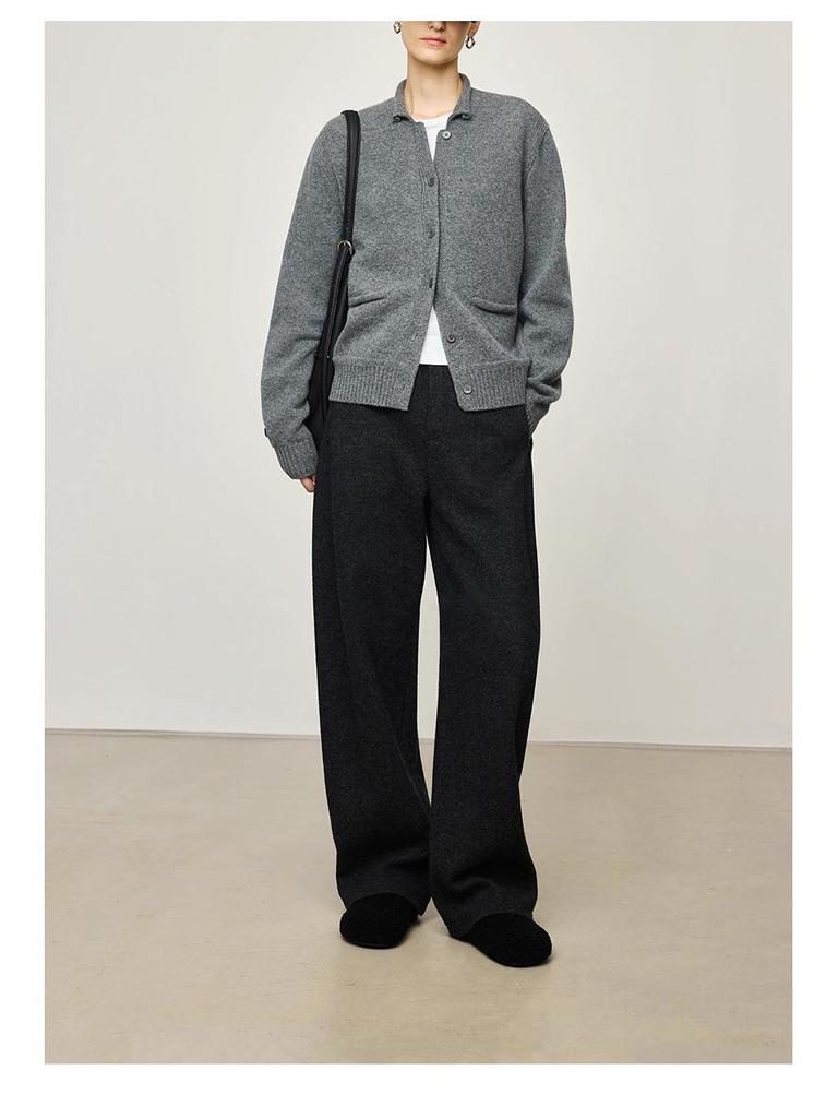 Women's Elegant Wool-Blend Dark Grey High-Waisted Loose Straight-Leg Trousers, 2025 Autumn/Winter Collection