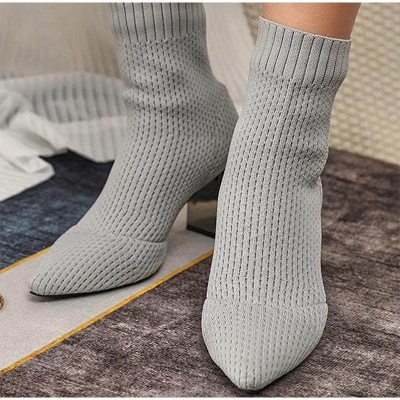 Fashion Women Socks Ankle Boots Kintting Ladies High Heels Ladies Winter Stretch Fabric Pointed Toe Shoes Fashion Female Footwear 2024