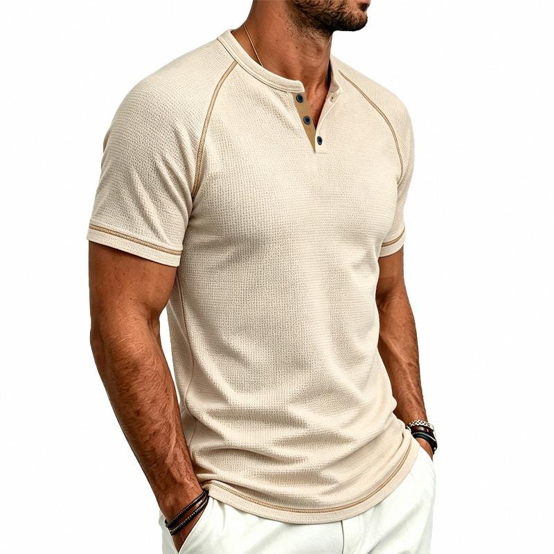 Mens Waffle Henley Collar Raglan Short Sleeve Color Block Casual T Shirt
