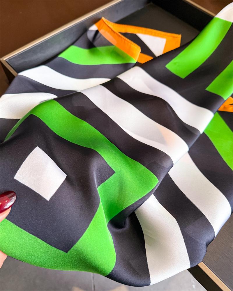 Striped Printed Silk Like Square Scarf For Women Fashion