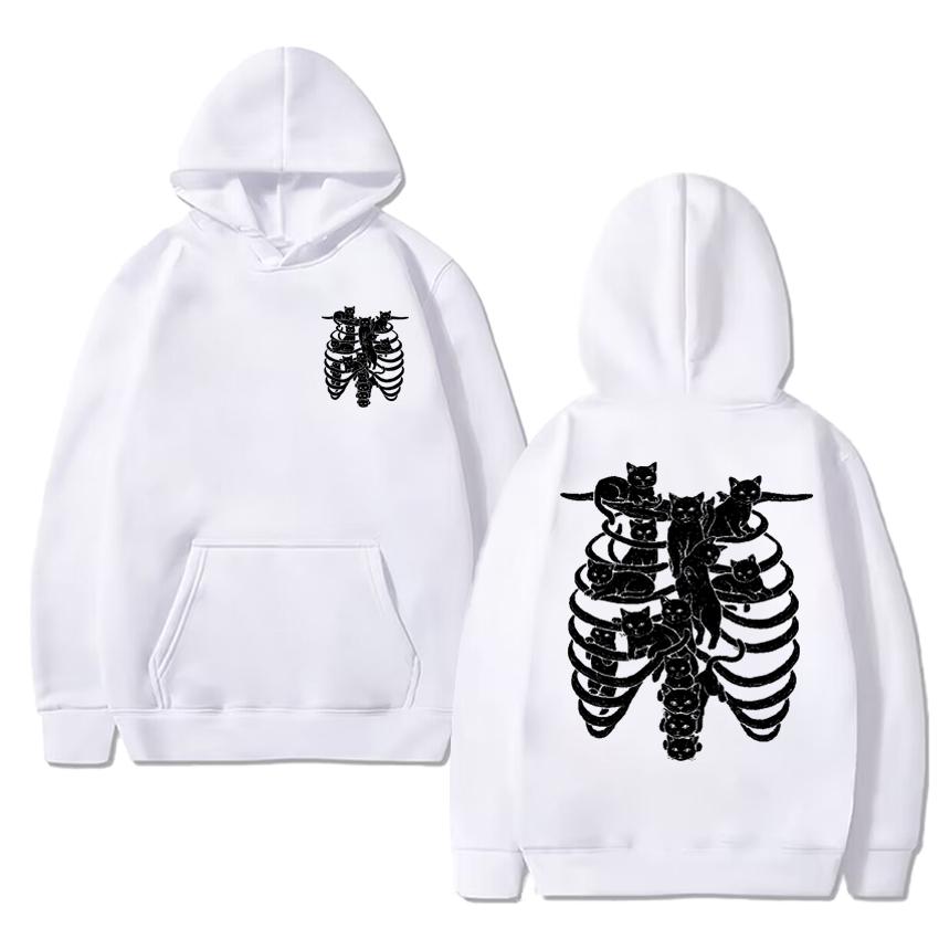 Gothic Harajuku Skeleton Cat Double Sided Printed Hoodies Men Women Fleece Casual Streetwear Pullovers Unisex Vintage Sweatshirt