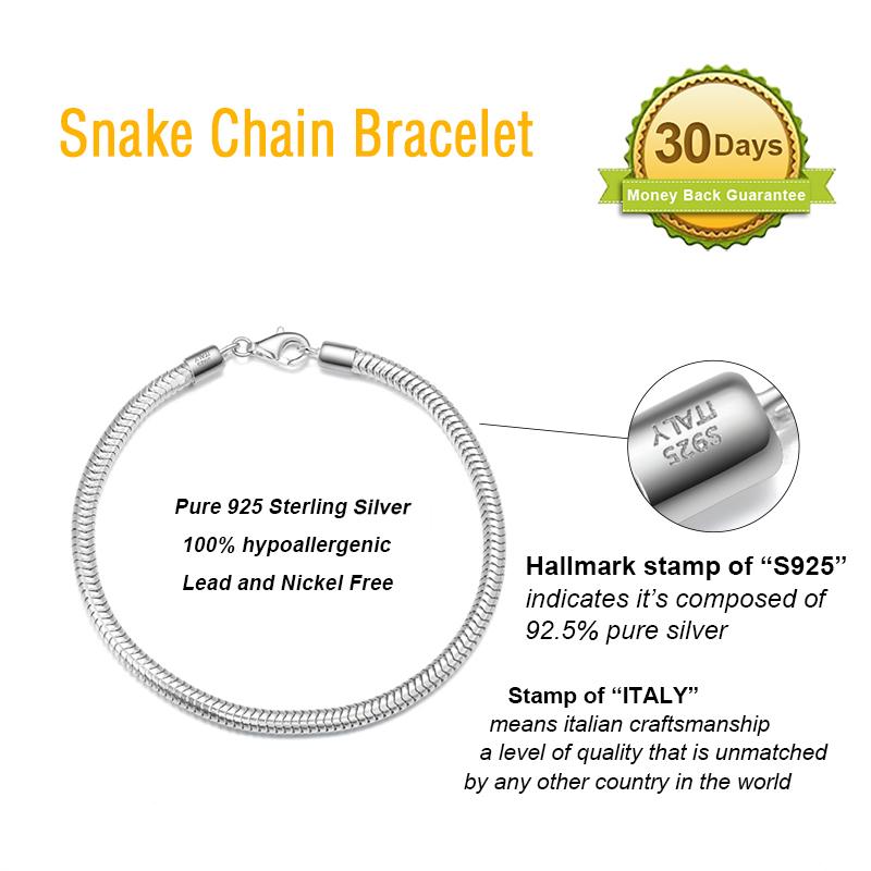 ORSA JEWELS 100% 925 Sterling Silver Italian Snake Chain Bracelet for Women Men Handmade 3mm Snake Chain Fashion Jewelry SB100