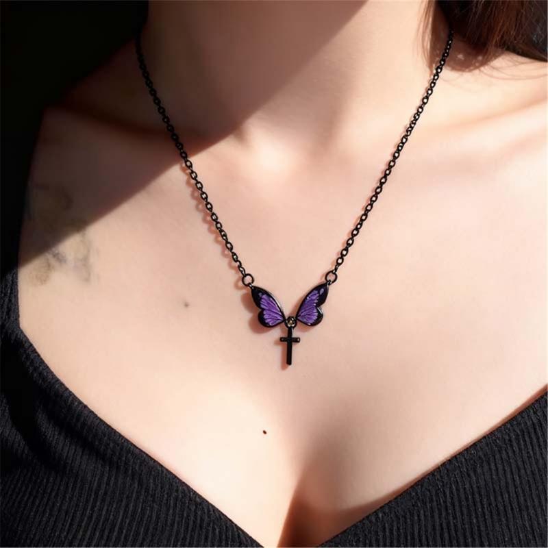 Elegant Butterfly Crosses Pendant Necklace Alloy Neckchain Fashion Accessory For Daily Wear Special Occasions