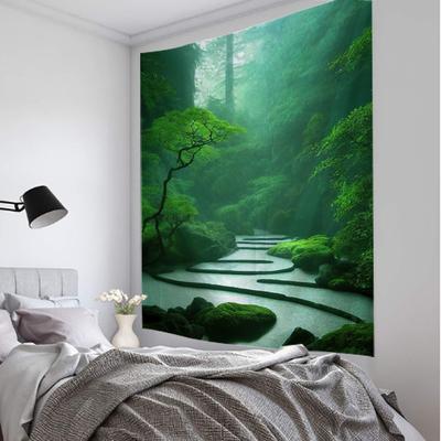 Wanddekoration Wandteppich Natürlicher Wald Wasserfall Landschaft Wandbehang Außenbereich Garten Poster Grüner Dschungel Heimkunst Dekoration