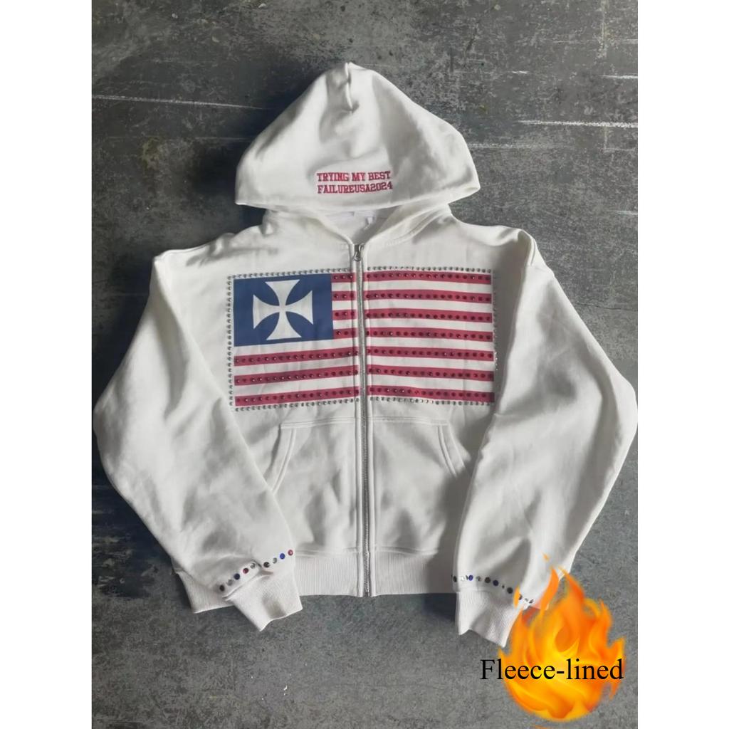 RogueWave American Fashion Streetwear Gothic Flag Strass Bestickt Reißverschluss Hoodie Y2k Splicing Übergroß Locker Baumwoll Sweatshirt