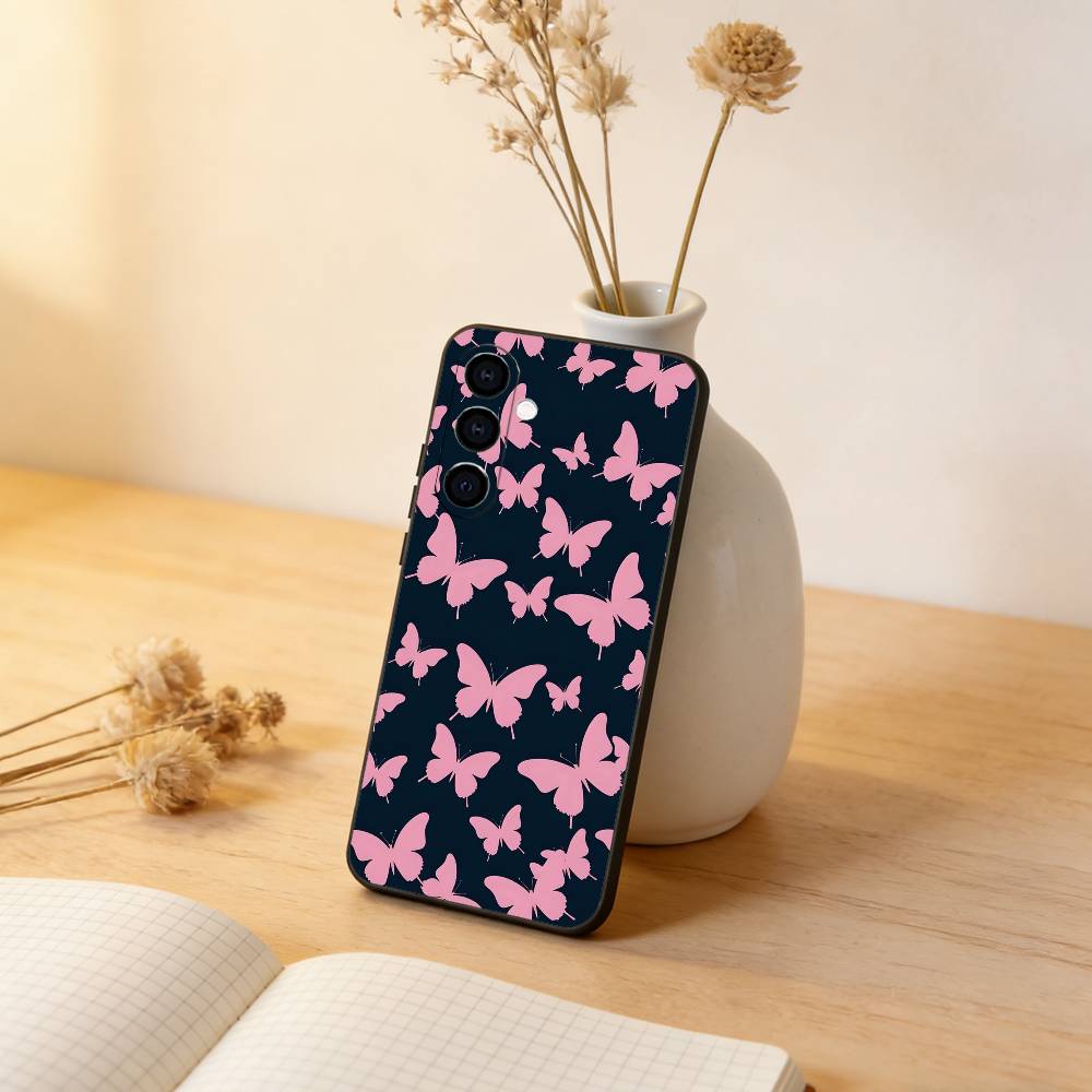 

Pink Butterfly Pattern Phone Case Black Silicone Soft For Samsung Galaxy A73,A72,A71,A70,A53,A52,A51 Samsung a13 5g