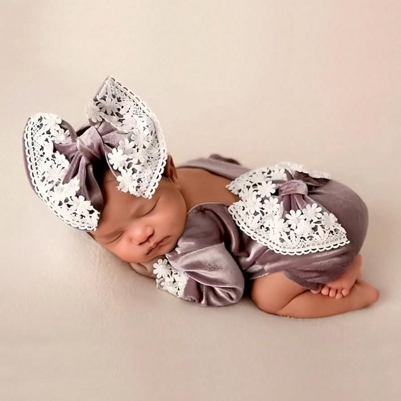 Infant Bowknot Romper and Hairband Photo Clothing Set Photoshooting Props Newborn Shower Gifts Baby Photography Outfit