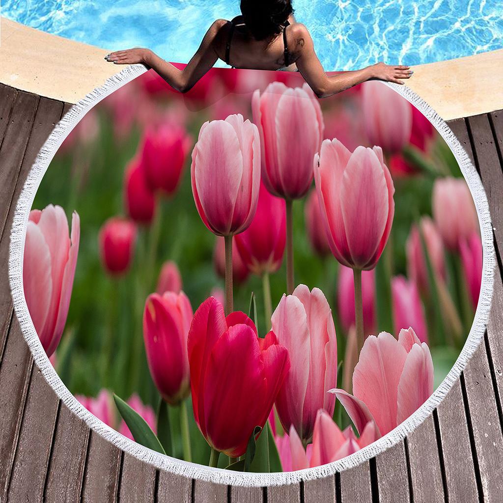 Round Beach Towel Flower Tulip Microfiber Beach Towels Quick Dry Super Absorbent Pool Towels Sand Free Beach Blanket for Pool