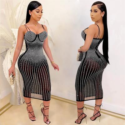 Fashion Women's Party Nightclub Mesh See-Through Hot Drilling Rhinestone Halter Dress