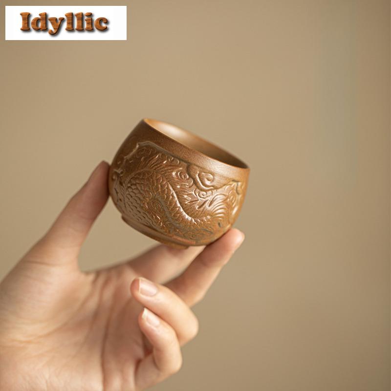 2pc/lot Coarse Pottery Dragon Pattern Teacup Luxury Tea Bowl Mug Tea-tasting Meditation Cup Chazhan Master Cups Teaware 100ml