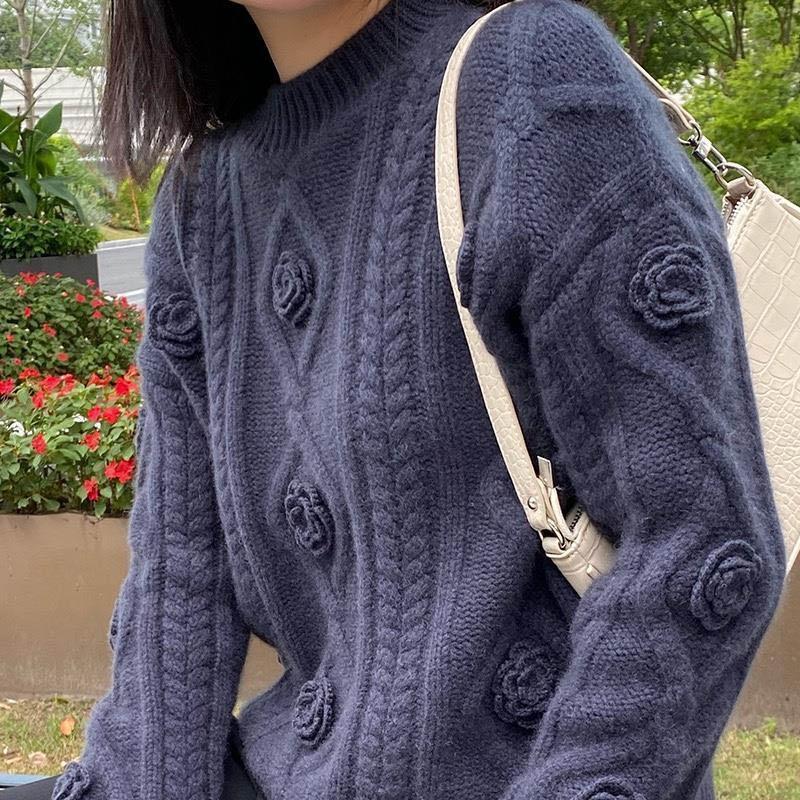 Women's Autumn and Winter Sweater Thickened Warm Knitted Stretchy Long-Sleeve Oversized Top