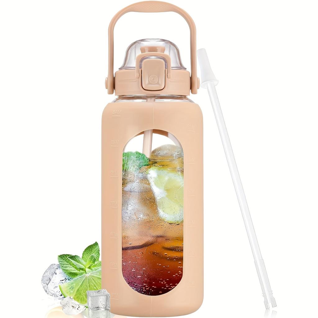 64oz Skleněné láhve na vodu se slámkou a víčkem Půlgalonová láhev na vodu s časovým značením Nepropustné skleněné láhve na vodu se silikonovým pouzdrem