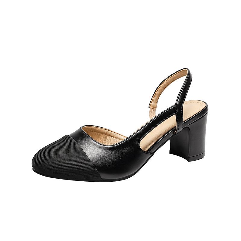 In Stock French Coco Style Soft Leather Color Block Low Cut Sandals - Women's Spring Mid and Thick Flat Heels