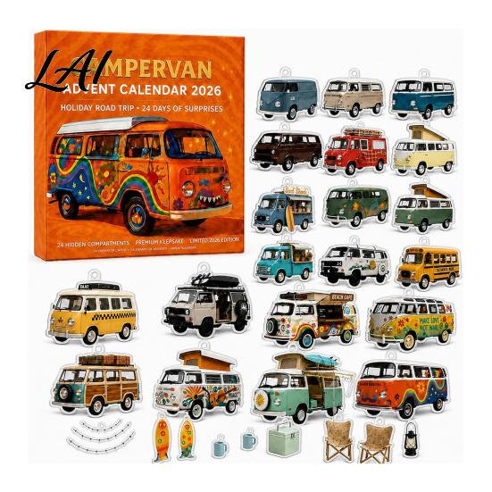 Holiday Home Decorations 24-Day Camping Van Advent Calendar Retro Acrylic Hanging Ornament Set with RV Countdown 24 Unique Designs Christmas