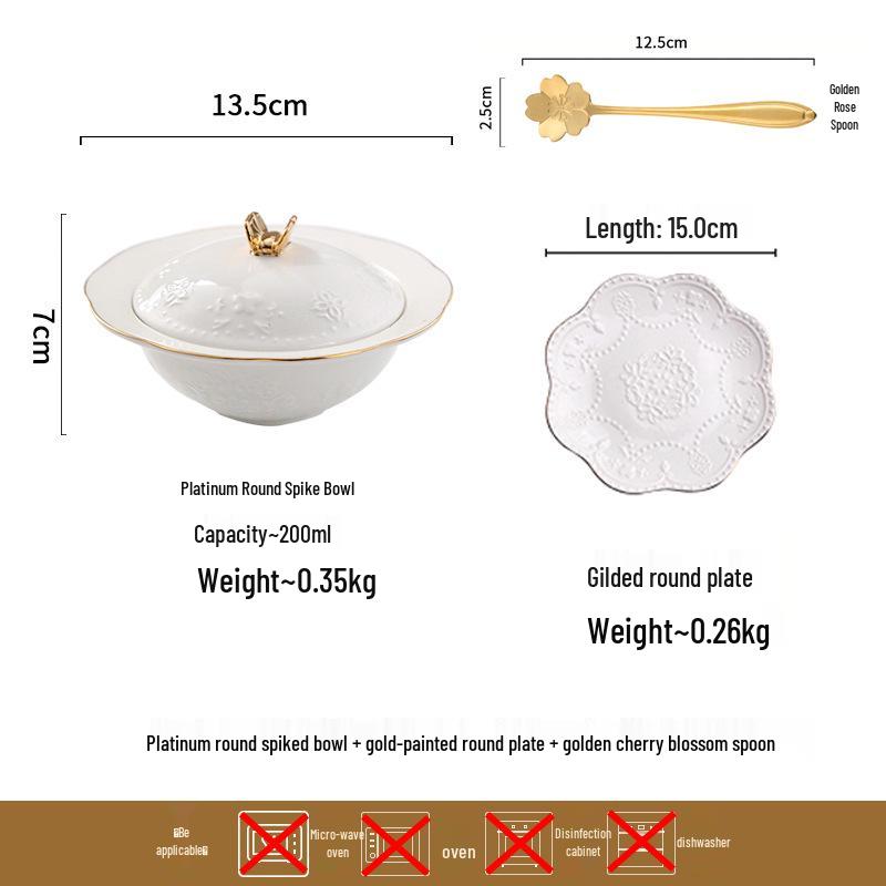 European Gold Rim Ceramic Bird's Nest Dessert Bowl with Lid | Embossed Palace Tureen Set for Sweet Soup