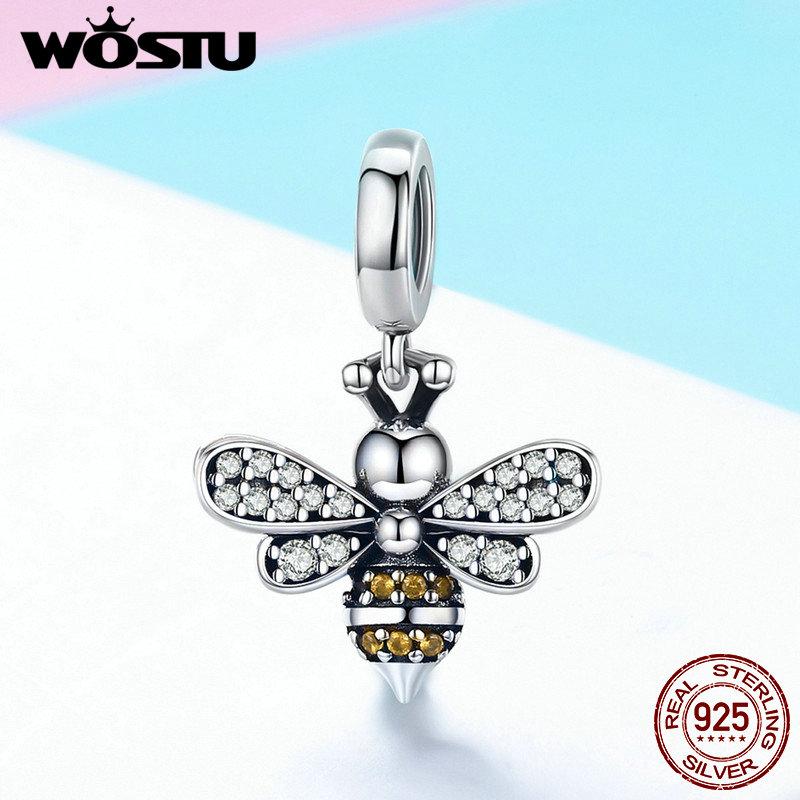 WOSTU 925 Silver Sell Bee Crystal CZ Chain Bead Charms Fit Bracelet Necklace Fashion Jewelry Party Gift CQC821