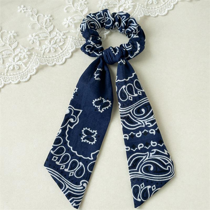 

Vintage Paisley Print Ribbon Hair Scrunchie Elastic Ponytail Holder Soft Glossy Fabric Band Summer Beach Fashion Accessory XXS циан