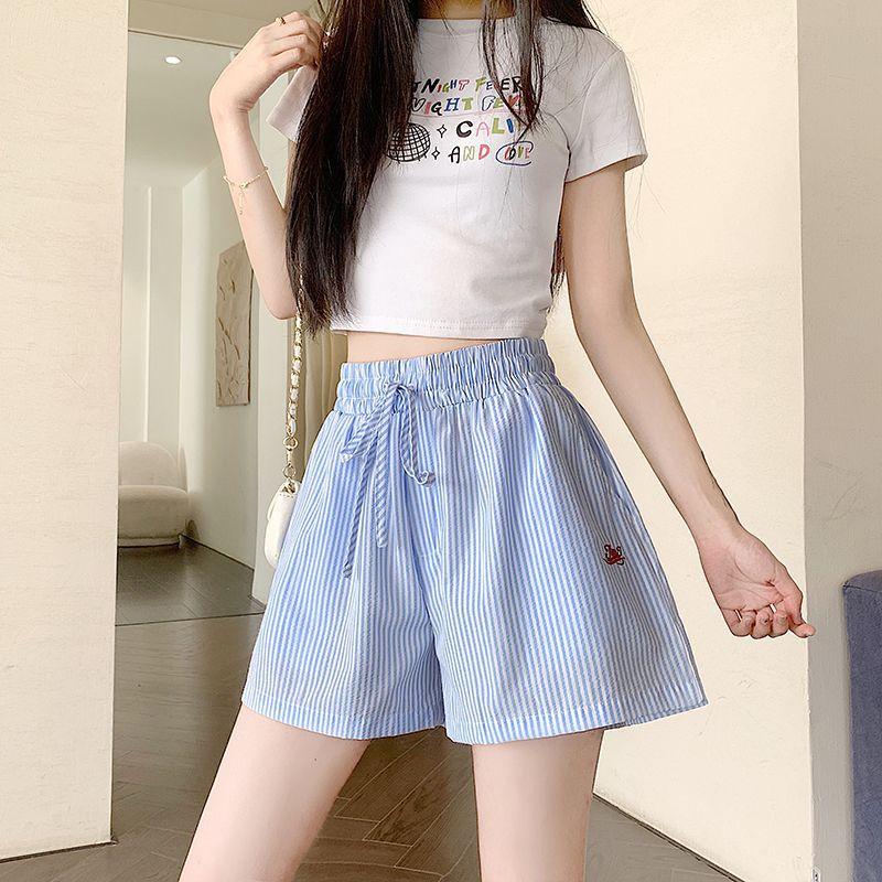 

Широкие шорты с вертикальными полосками и вышитыми буквами для женщин, летние новые свободные повседневные брюки, прямые утягивающие брюки 4XL синий