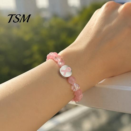 Durable Alloy Ribbon Wrist Jewelry Breast Cancer Awareness Bracelets, Charm Beads Elastic Beaded Bracelet for Women Bracelet, Encouragement