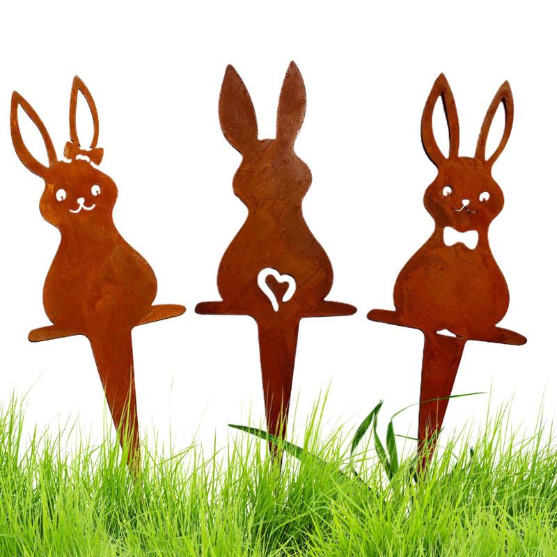 Easter three piece bunny yard garden insert decoration Rustic iron Rabbit Garden Stake Outdoor Yard Art for Farmhouse Decor
