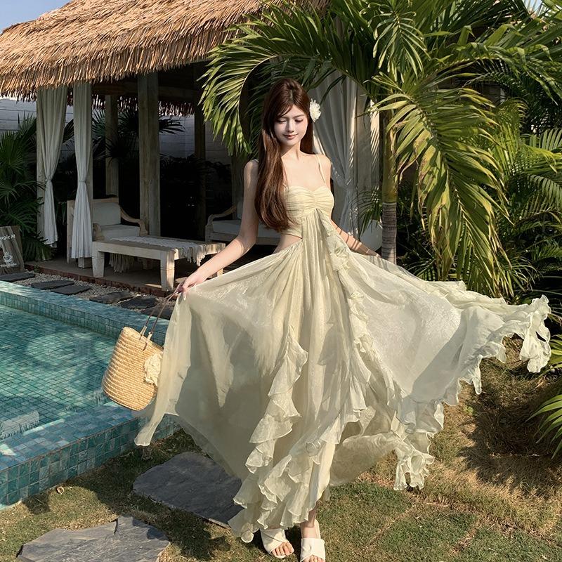 French Beautiful Green Mesh Tube Top Suspender Dress Women's Big Pendulum Long Dress Fairy Seaside Vacation Dress