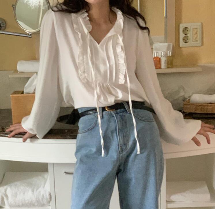 Autumn 2025 Women's Korean Ruffle Tie-Up Puff Sleeve Loose Shirt