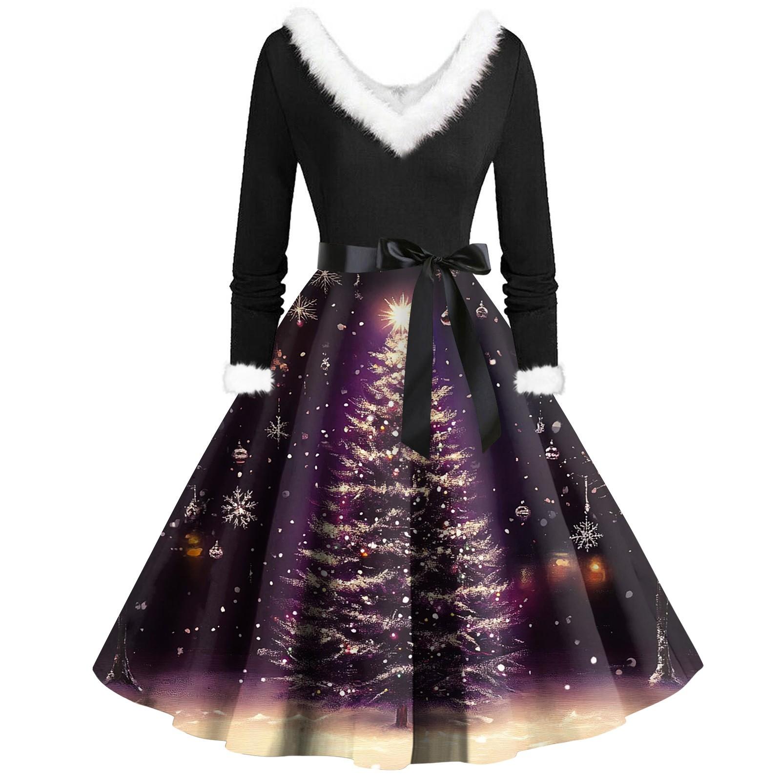 

Женские повседневные модные плюшевые платья с V-образным вырезом и рождественским принтом L