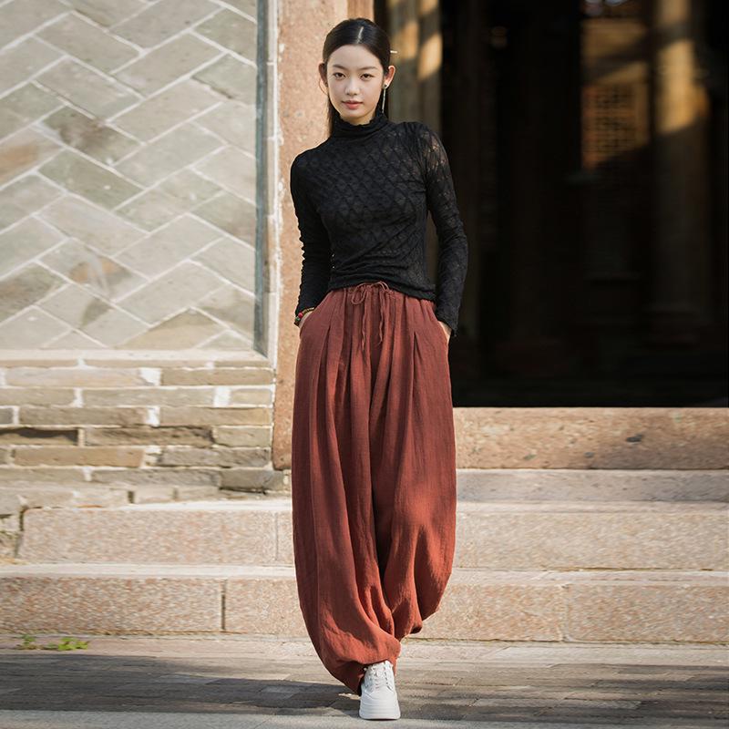 

Женские хлопково-льняные брюки-фонарики с эластичной талией - Повседневные брюки на весну/лето One Size