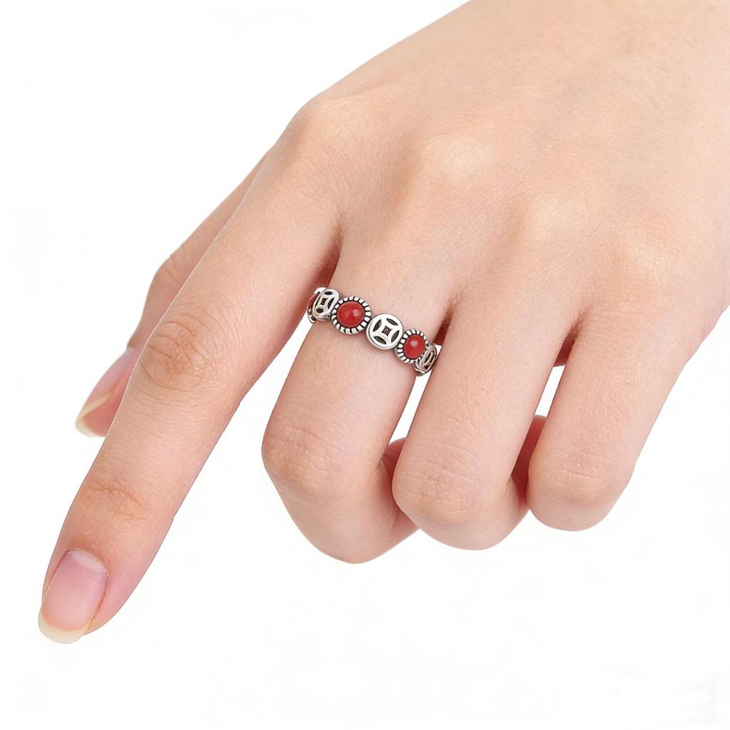 CaiYi S925 Sterling Silver Natural NanHong Agate Coin Ring - Chinese Style Luck & Wealth Accessory
