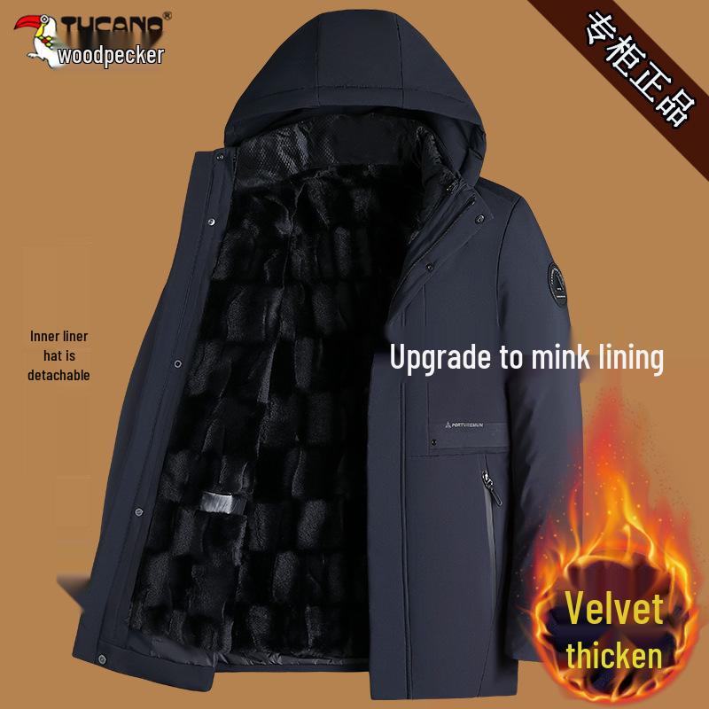 Men's Woodpecker Plus Velvet Mid-length Jacket with Hood, Detachable Liner, Cotton Winter Coat for Middle-aged and Elderly