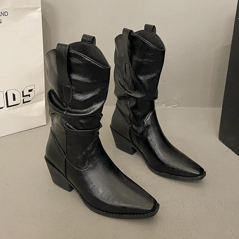 

2025 осень и зима новые полусапоги толстый каблук острый носок ковбойские сапоги в британском ретро-стиле рыцарские сапоги 42 чёрный