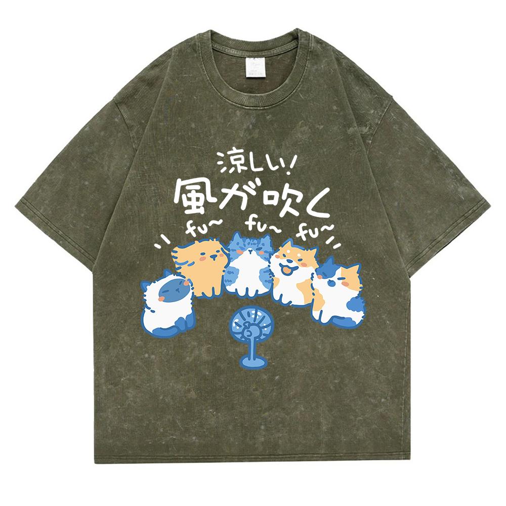 Cute Animals Blowing Fans Washed Retro Snow Clothes Men Loose Oversize T-Shirts Summer Fashion Cotton T-Shirt Tops