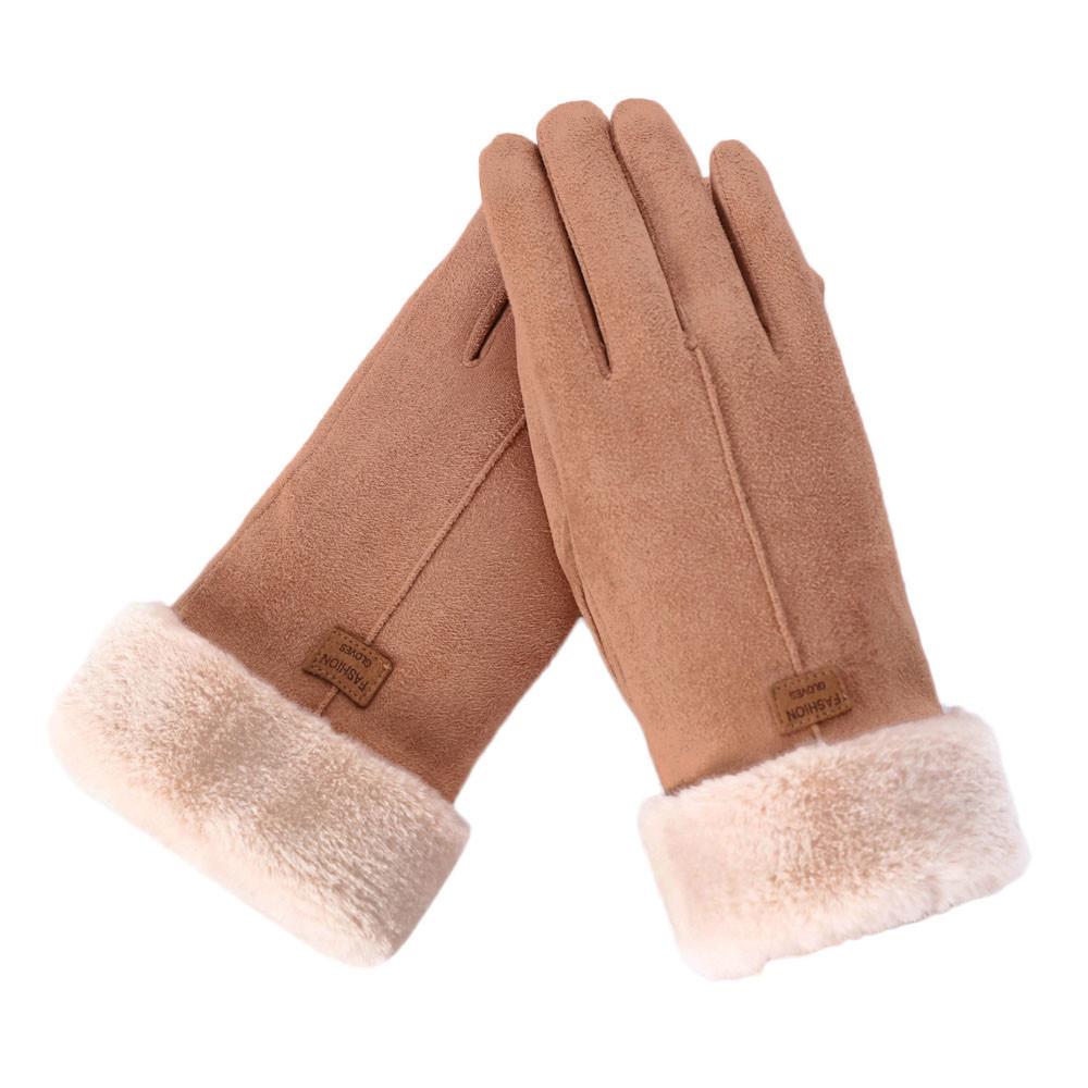 Winter Thickened Plush Gloves Womens Leather Glove All Finger Warmth Cold Proof Single Color Elegant Mittens Stylish Accessories