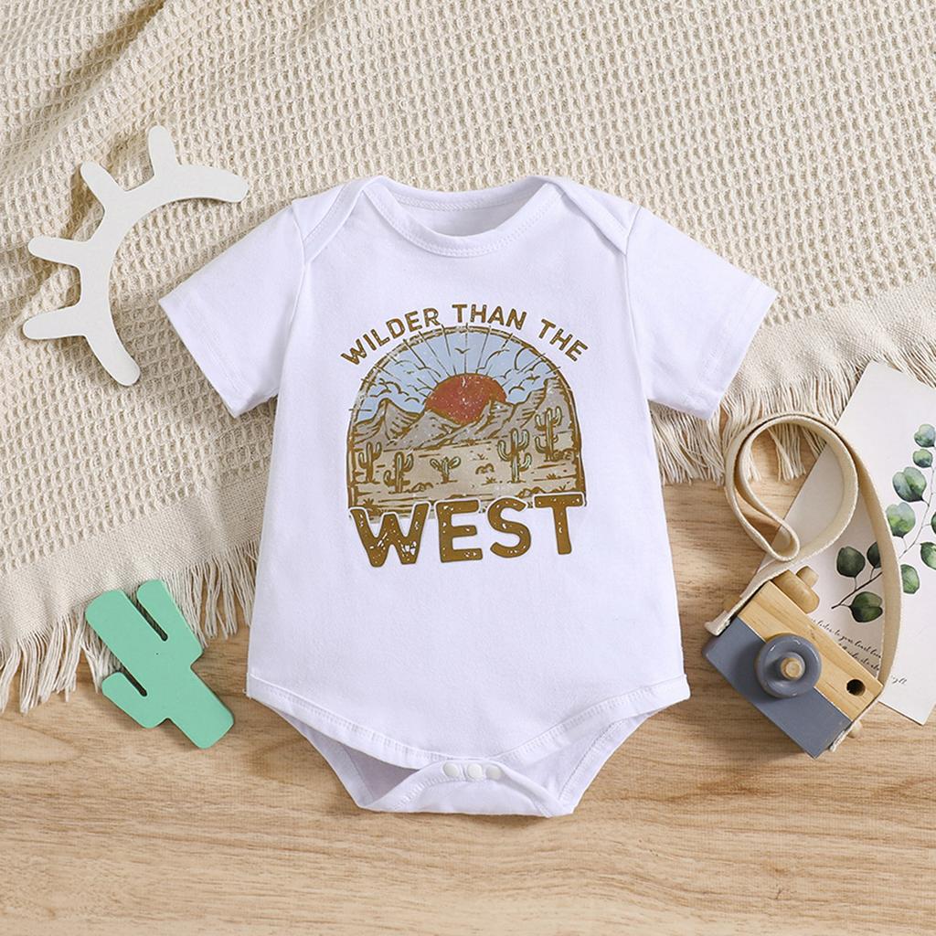 1-18 Months Baby “Wilder Than The West” Print Cotton Bodysuit Short Sleeve Jumpsuit Onesie