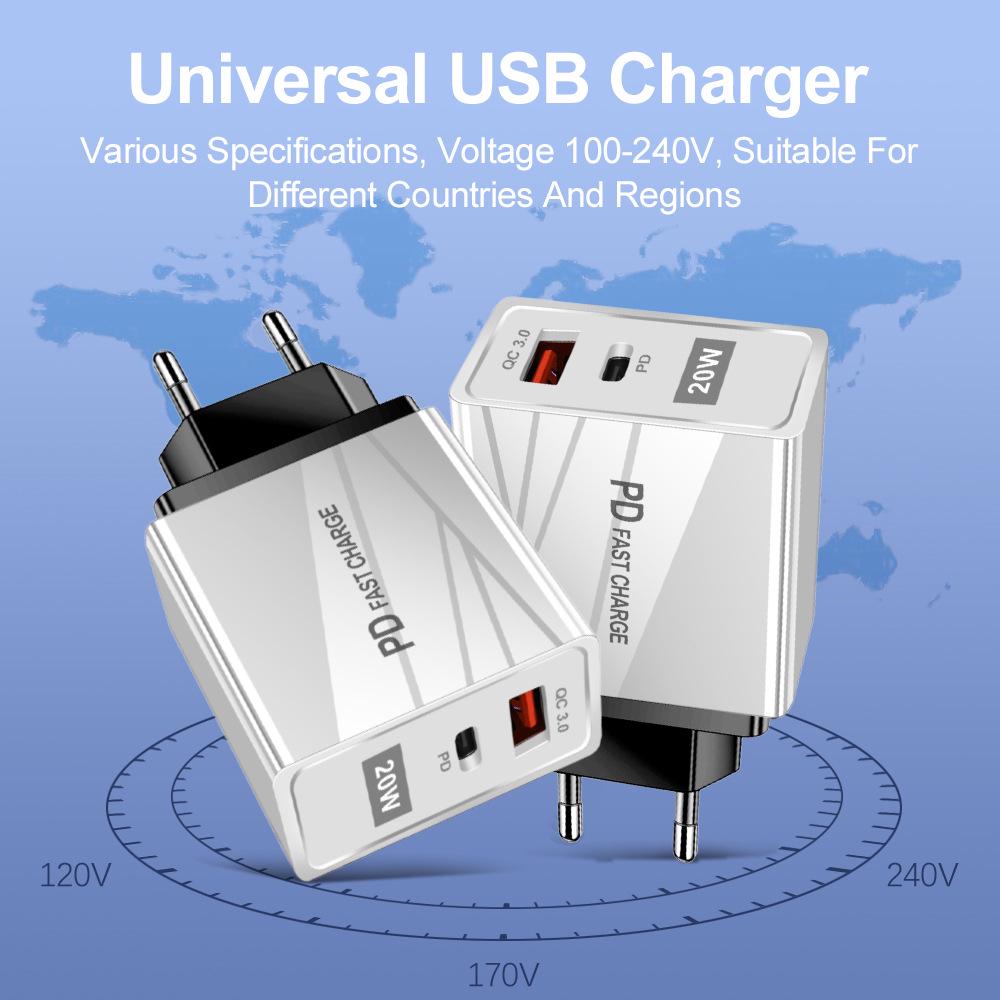 USB Travel Charger QC3.0+PD, 5V/9V/12V, EU/US Standard, Fast Charging