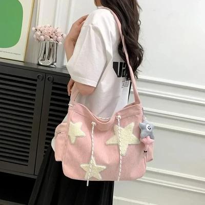 Nouveau Sac à Main Design Niche Mignon Étoile Sacs à Bandoulière pour Femmes Étudiant Grande Capacité Navette Fourre-Tout Côtelé Solide