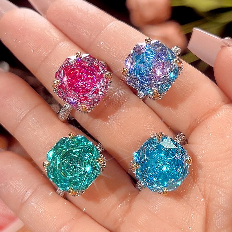Jewelry Copper Bottom Gold-Plated Imitation Rose Cut Dragon Fruit Color Light Luxury Ring Women 14 * 14