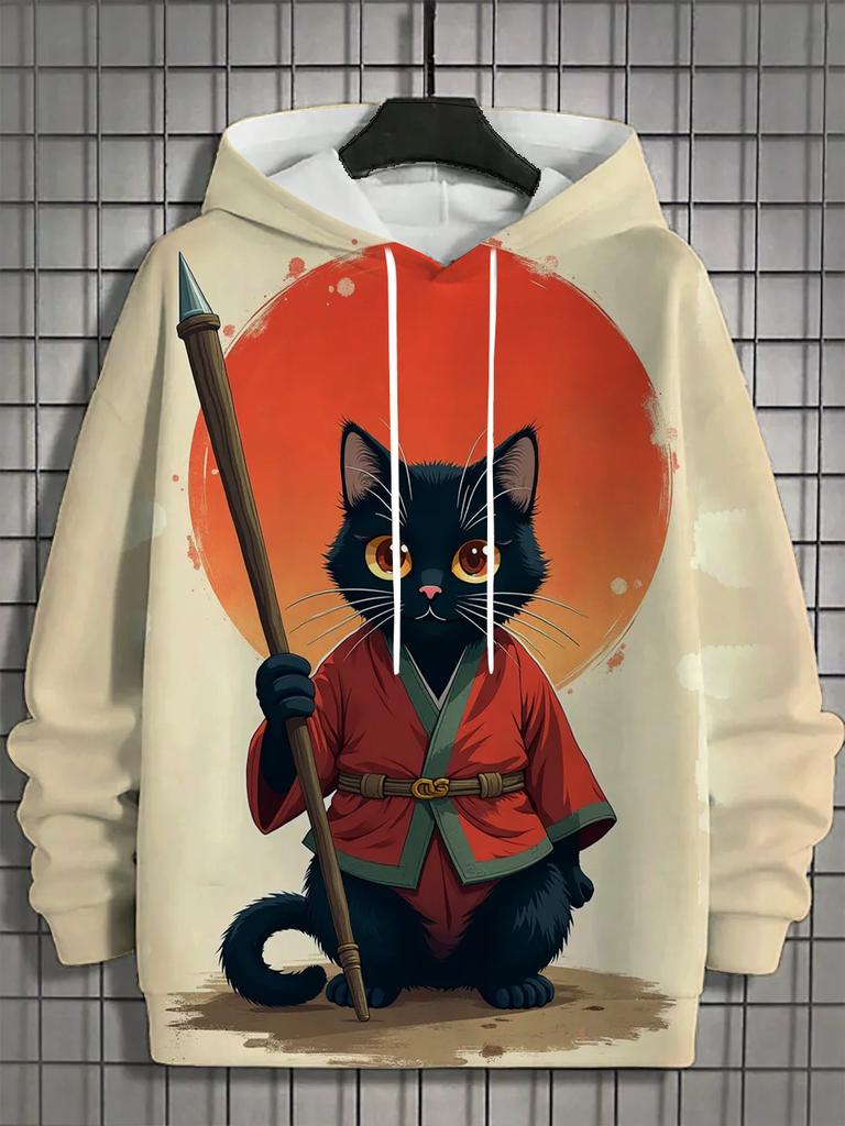 Japanese Samurai Cat Print Men's Hoodies Street Trend Hip Hop Y2k Clothes Fashion Pullover Autumn and Winter Casual Sweatshirts
