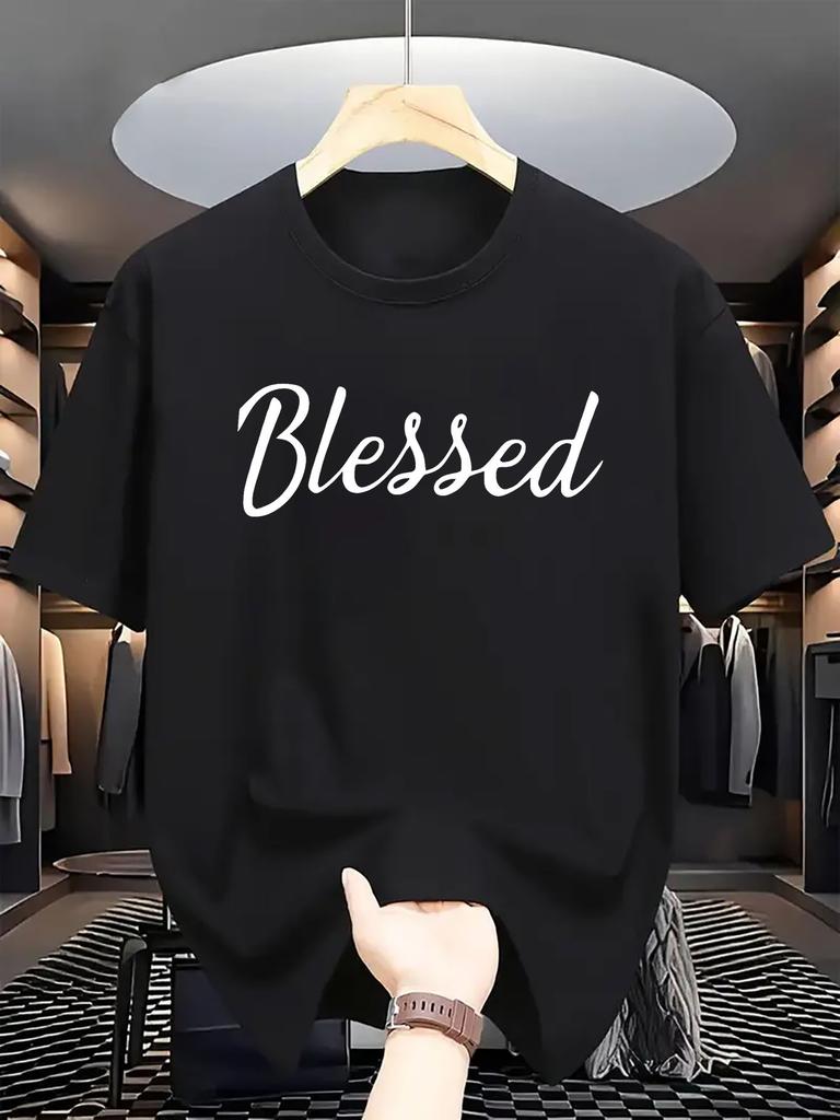 Mens BLESSED pattern Tshirt Black casual roundneck Tshirt comfortable and suitable for daily wear and outdoor activities