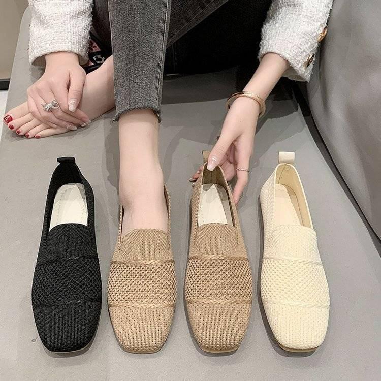 Spring and summer single shoes foreign trade fly-woven soft soles one pedal square head casual knitted shoes Doudou shoes women's shoes low-top flat