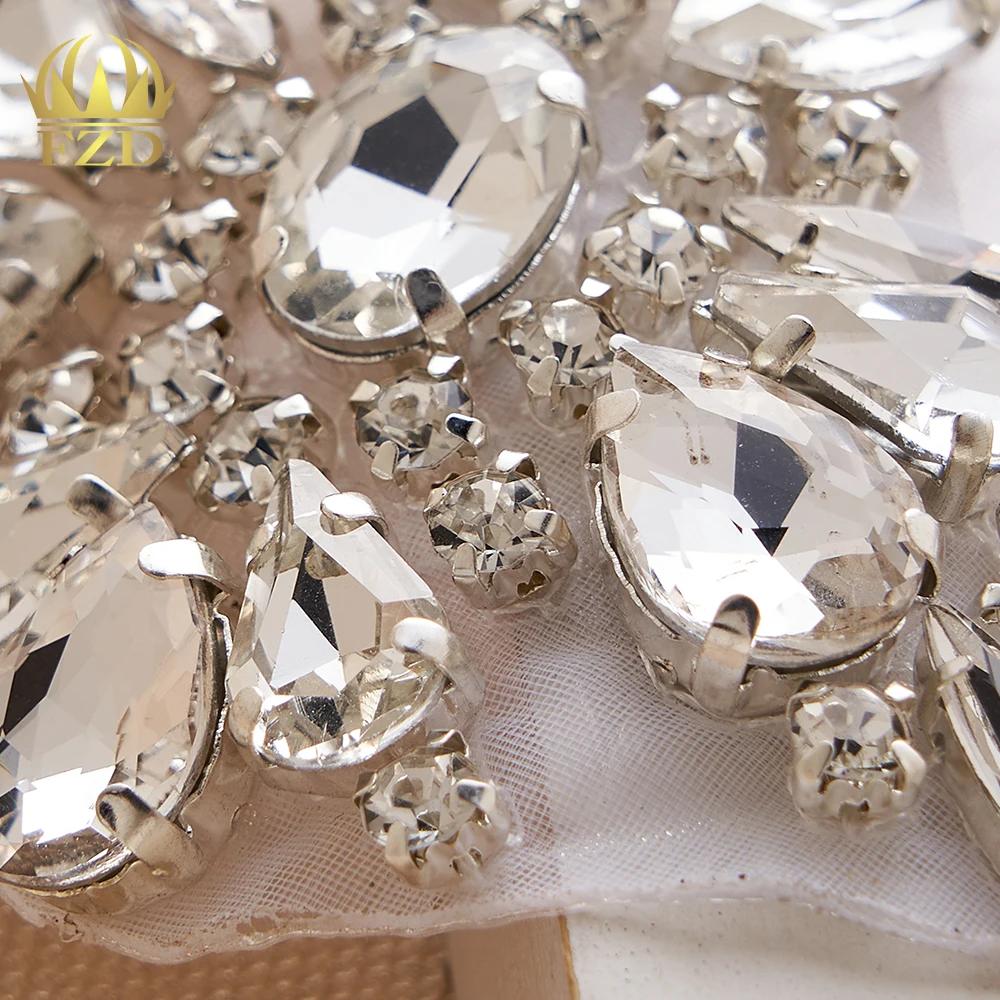 FZD 1 PC Silver Crystal Rhinestone Applique Gold Sew On For Wedding Dress Belt Pearl Patch Iron On Hot Fix Glitter Crystal Stone