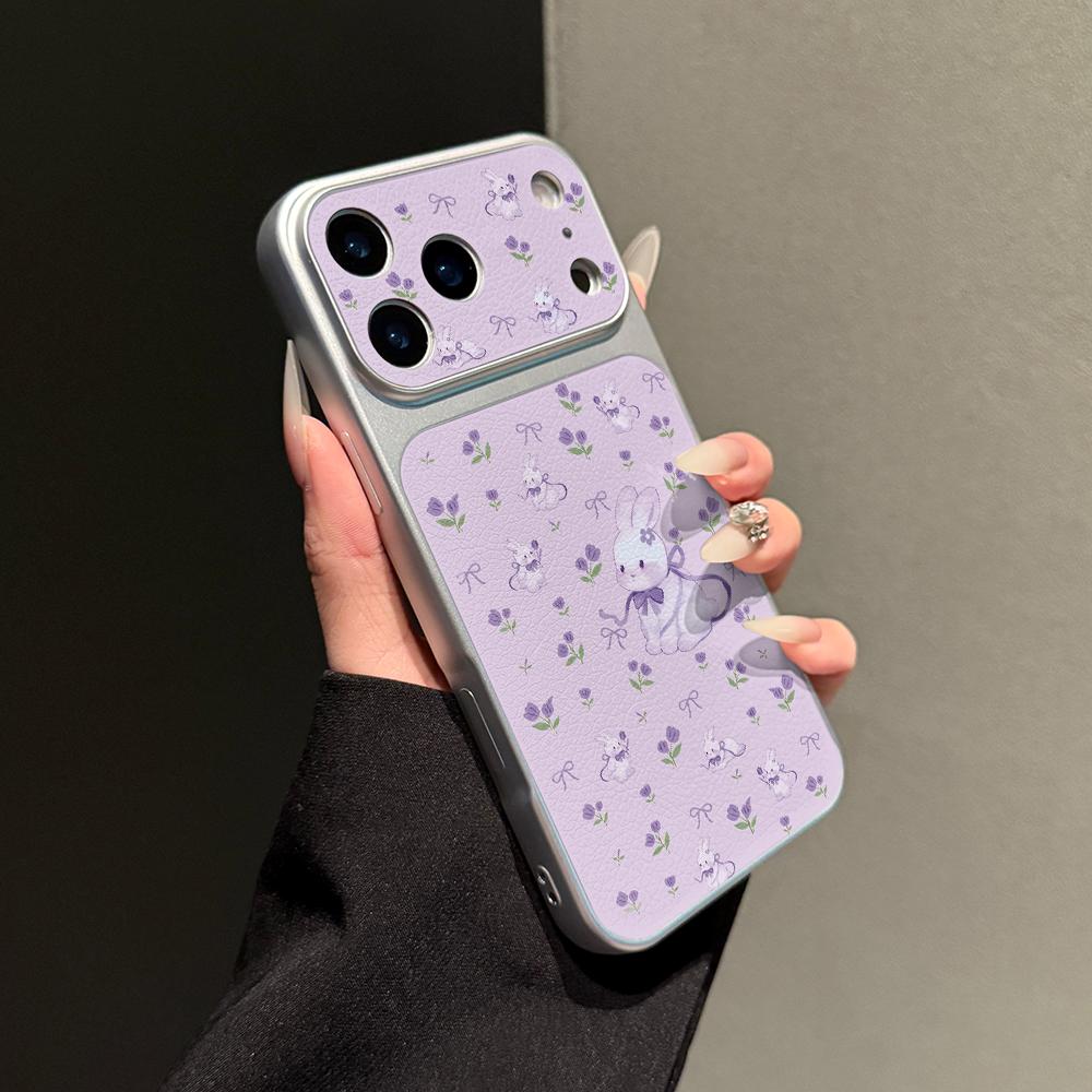 Purple rabbit flower is suitable for Apple 17promax mobile phone case iPhone16plus silver edge 15 leather pattern 14.