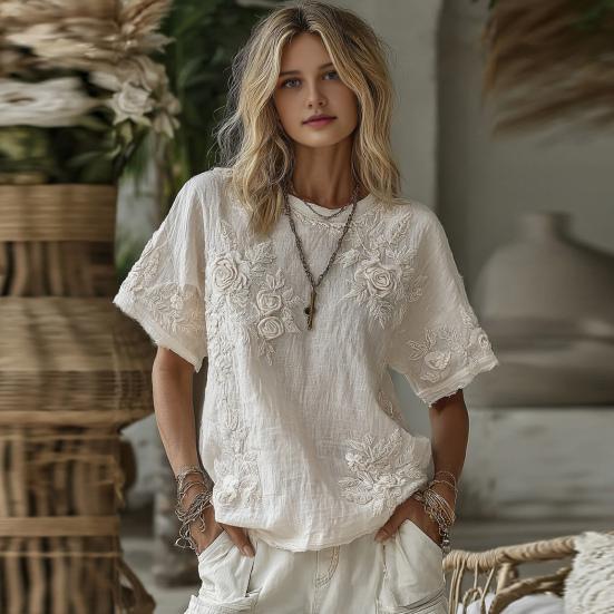 Women Tops Round Neck Short Sleeve Retro Floral Art Print Pullover Tops Loose Fit Soft Fabric Casual Summer Shirt
