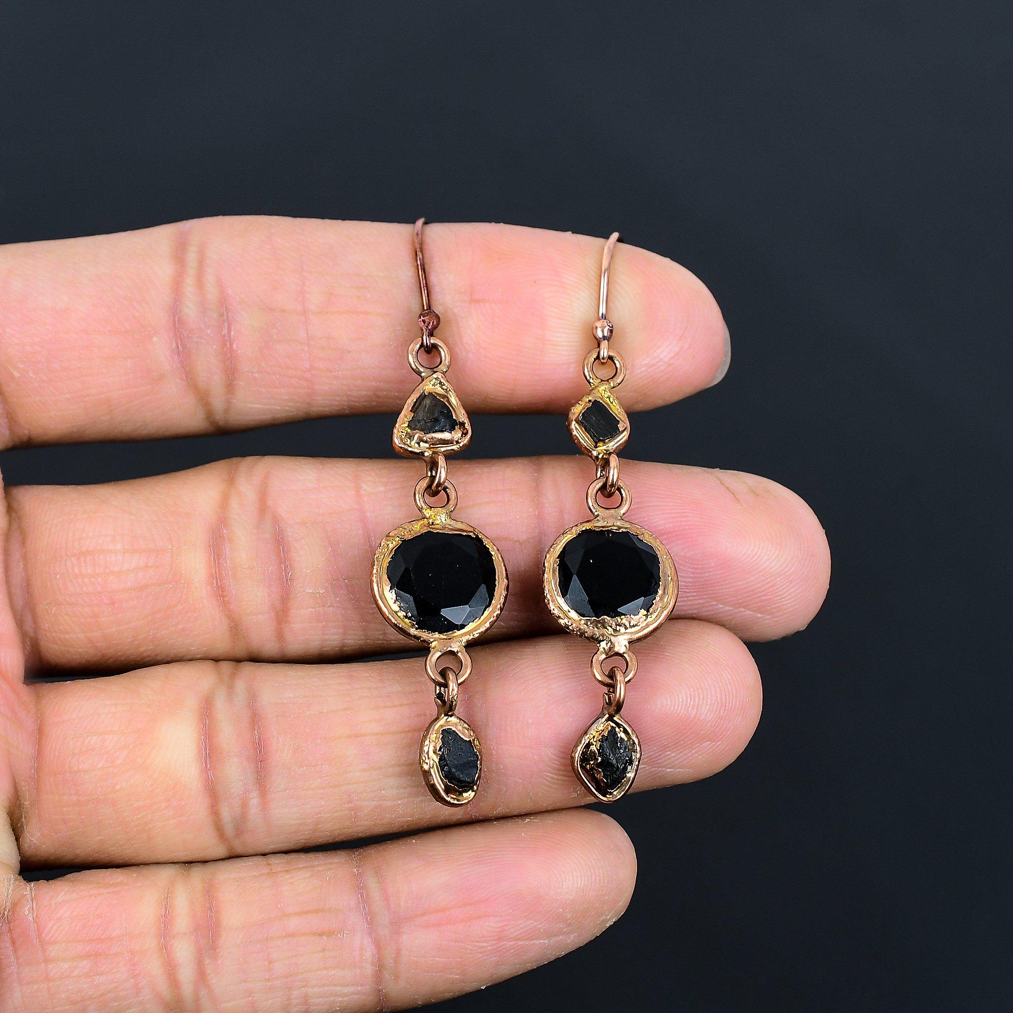 

Black Spinel Earrings, Copper Electroformed Earrings Handmade Gemstone Jewelry, Gifts For Wife Brand New Earrings 2.55 Inches